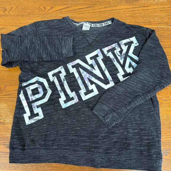Victoria's Secret Pink Graphic Sweatshirt Crewneck black heathered, size L - Picture 1 of 6